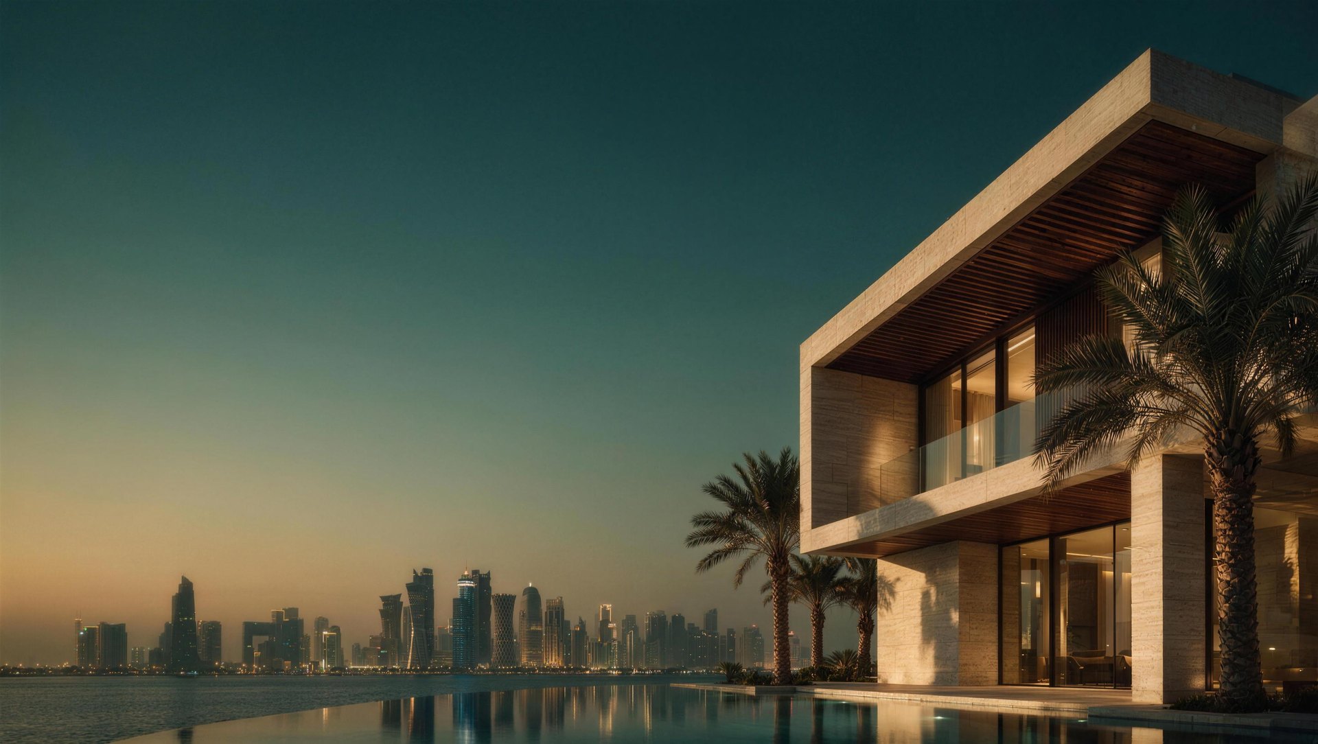 Luxury villa at golden hour with the Doha Corniche skyline across the water